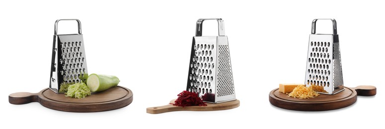 Image of Set with stainless steel graters and fresh products on white background. Banner design