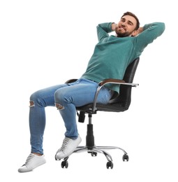 Young man relaxing in comfortable office chair on white background