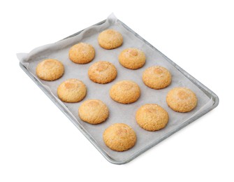 Photo of Tray with tasty sugar cookies isolated on white