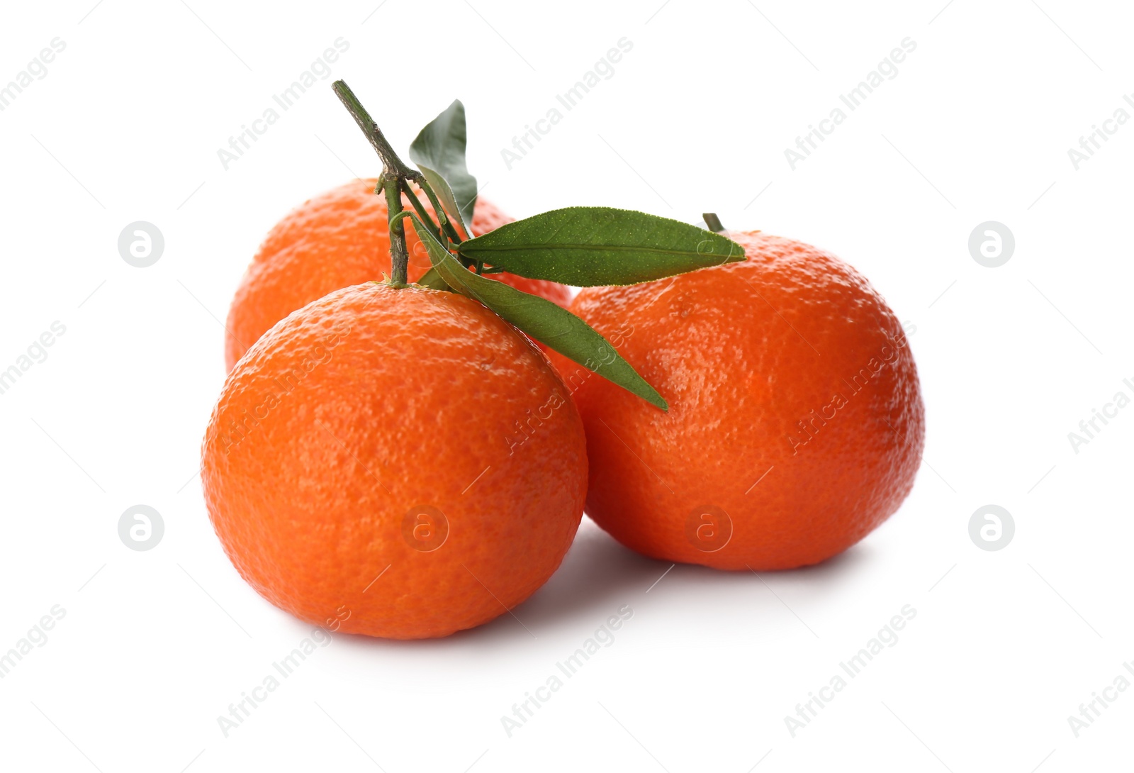 Photo of Whole fresh tangerines with green leaves on white background