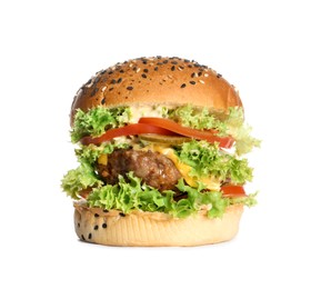 Photo of Burger with delicious patty isolated on white