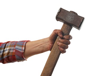 Photo of Man with sledgehammer on white background, closeup