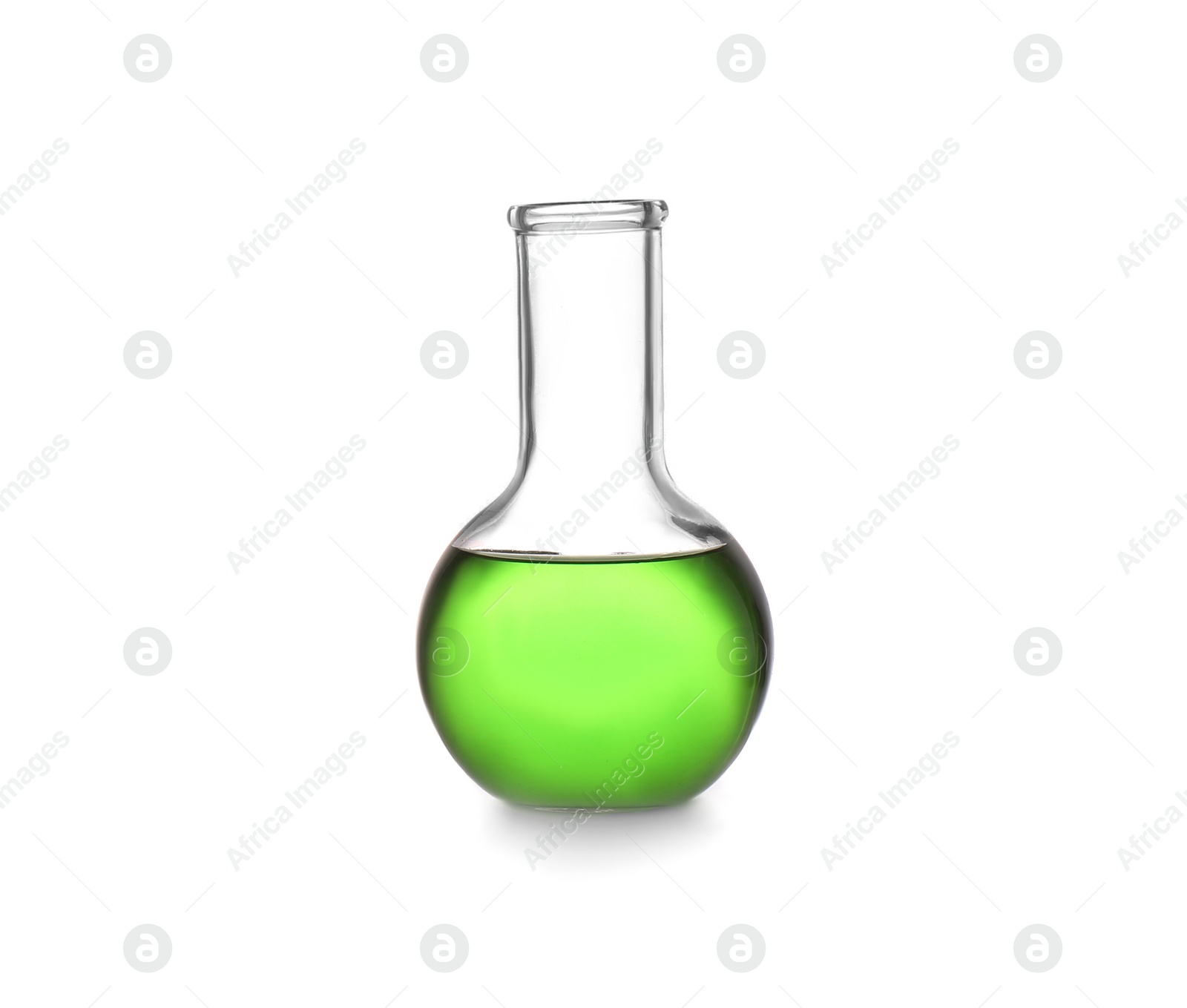 Photo of Florence flask with color liquid isolated on white. Solution chemistry