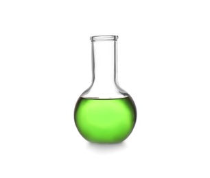 Florence flask with color liquid isolated on white. Solution chemistry