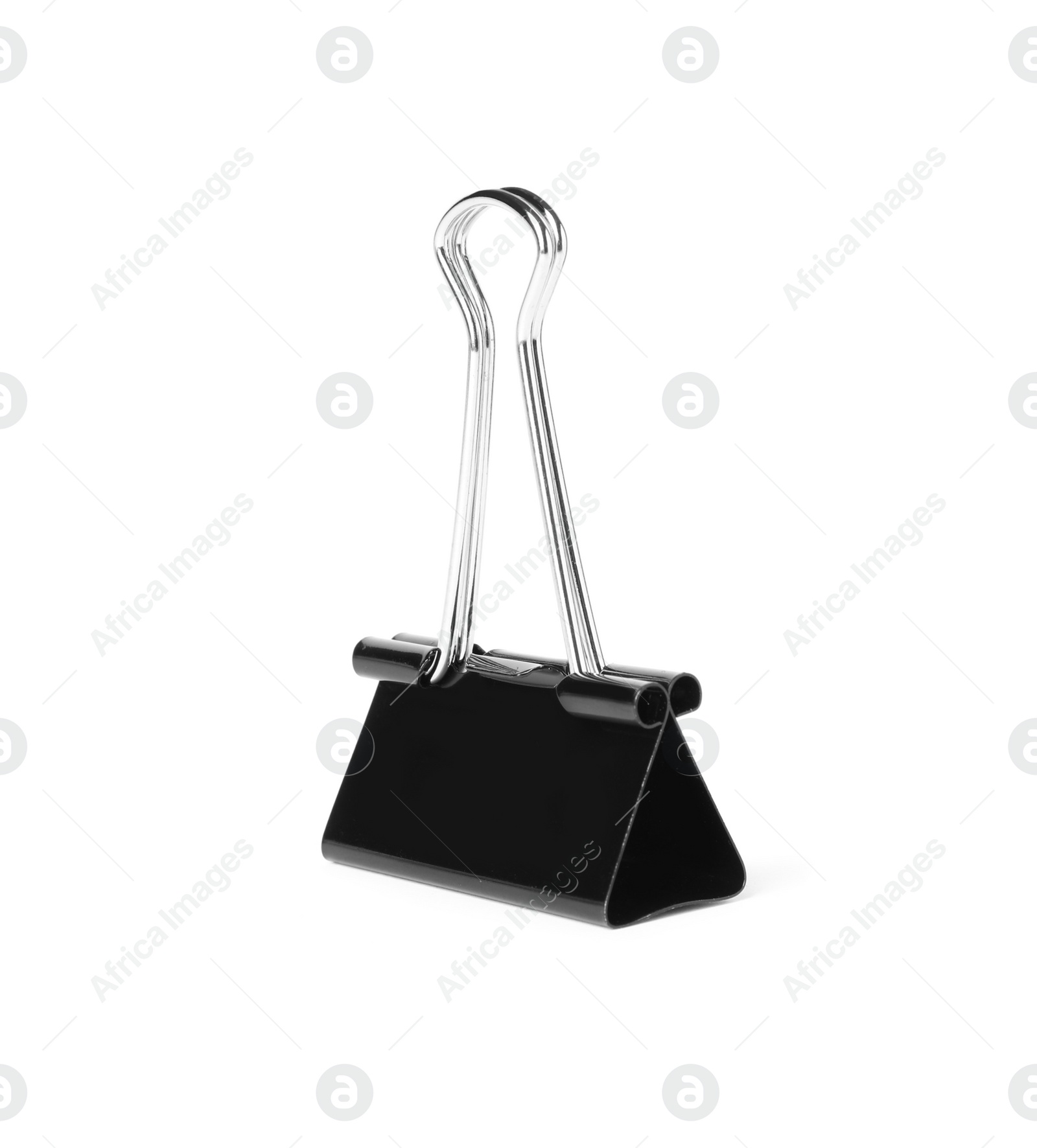 Photo of Black binder clip isolated on white. Stationery