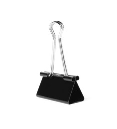 Photo of Black binder clip isolated on white. Stationery