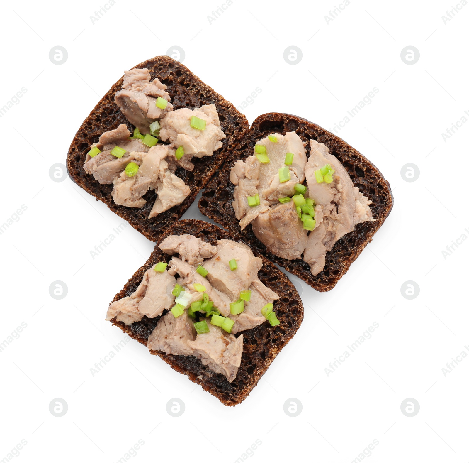 Photo of Tasty sandwiches with cod liver and green onion isolated on white, top view