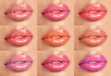 Image of Young woman with different color lipsticks, collage