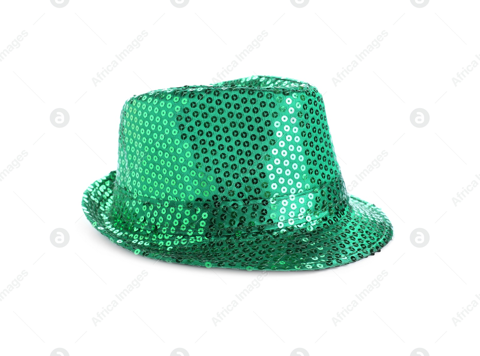 Photo of Green leprechaun hat isolated on white. St. Patrick's Day celebration