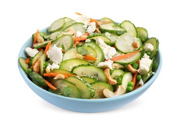 Bowl of delicious cucumber salad isolated on white