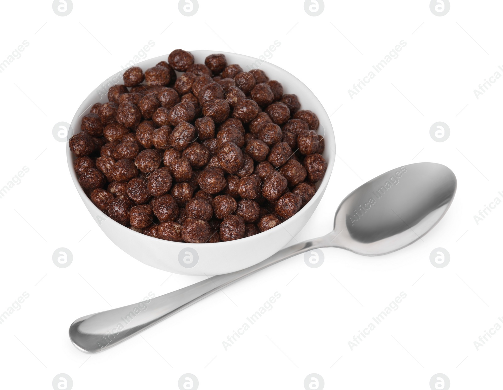 Photo of Chocolate cereal balls in bowl and spoon isolated on white