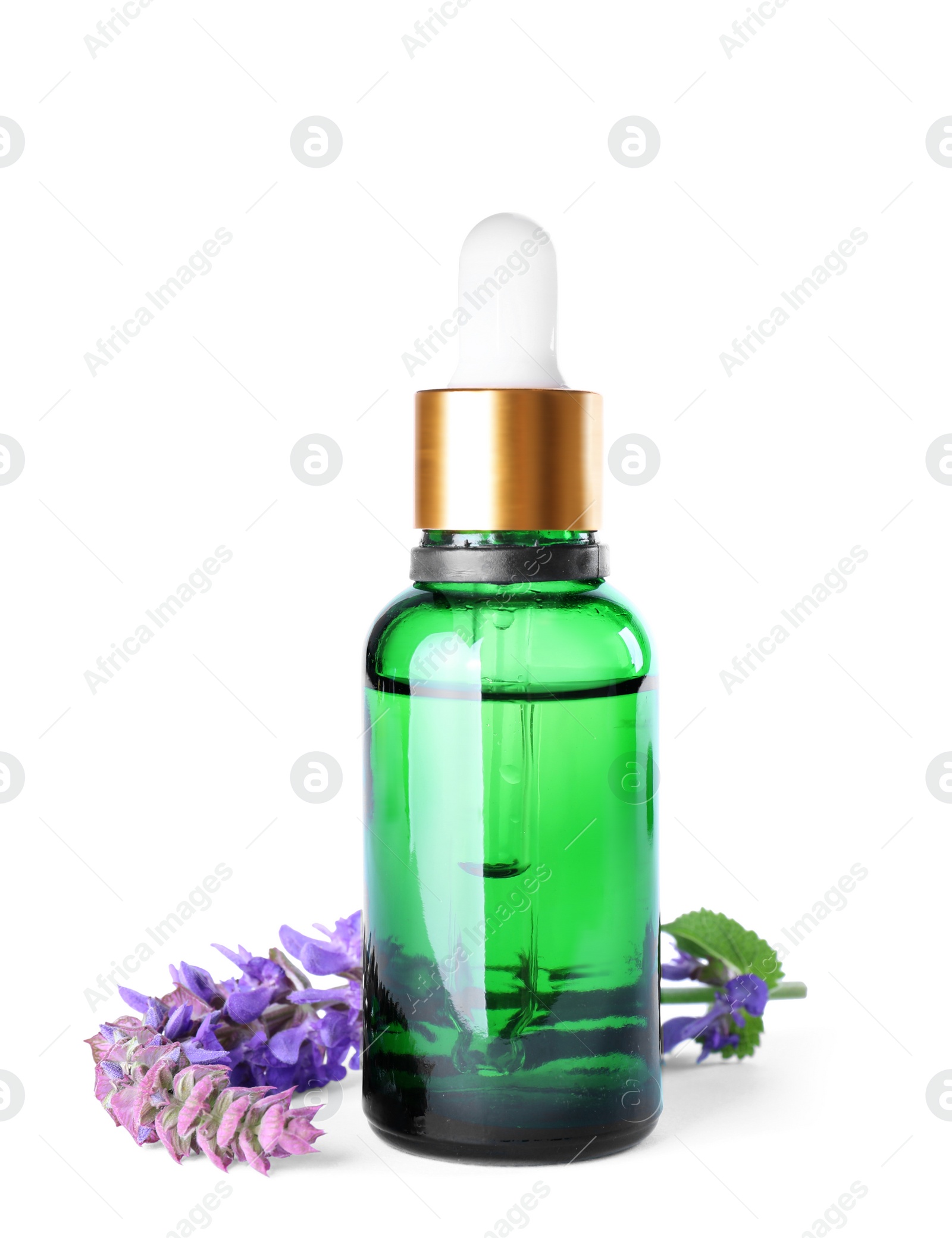 Photo of Bottle of sage essential oil and flowers isolated on white