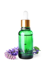 Bottle of sage essential oil and flowers isolated on white