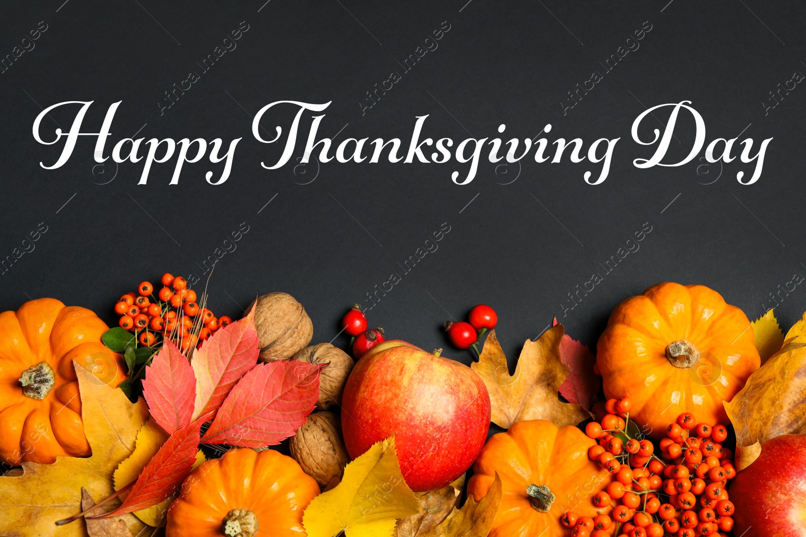 Image of Happy Thanksgiving Day card. Flat lay composition with ripe pumpkins and autumn leaves on black background