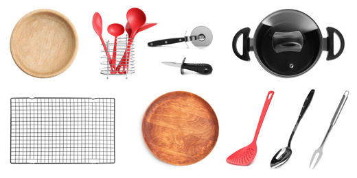 Image of Set with different cooking utensils on white background, banner design