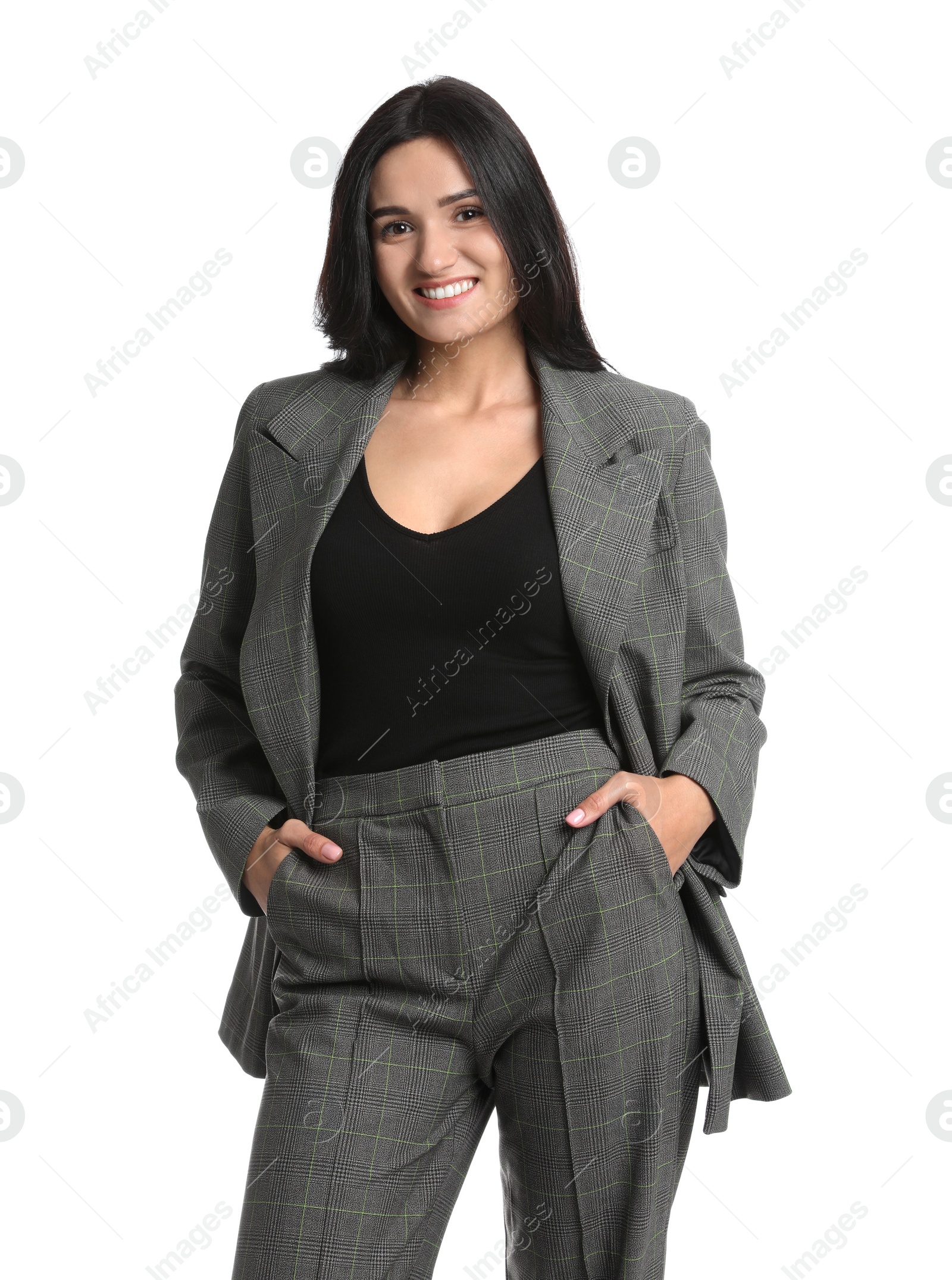 Photo of Beautiful woman in formal suit on white background. Business attire