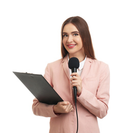 Photo of Young female journalist with microphone and clipboard on white background