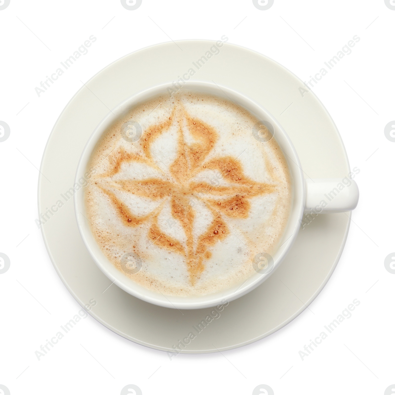 Photo of Cup of tasty coffee isolated on white, top view