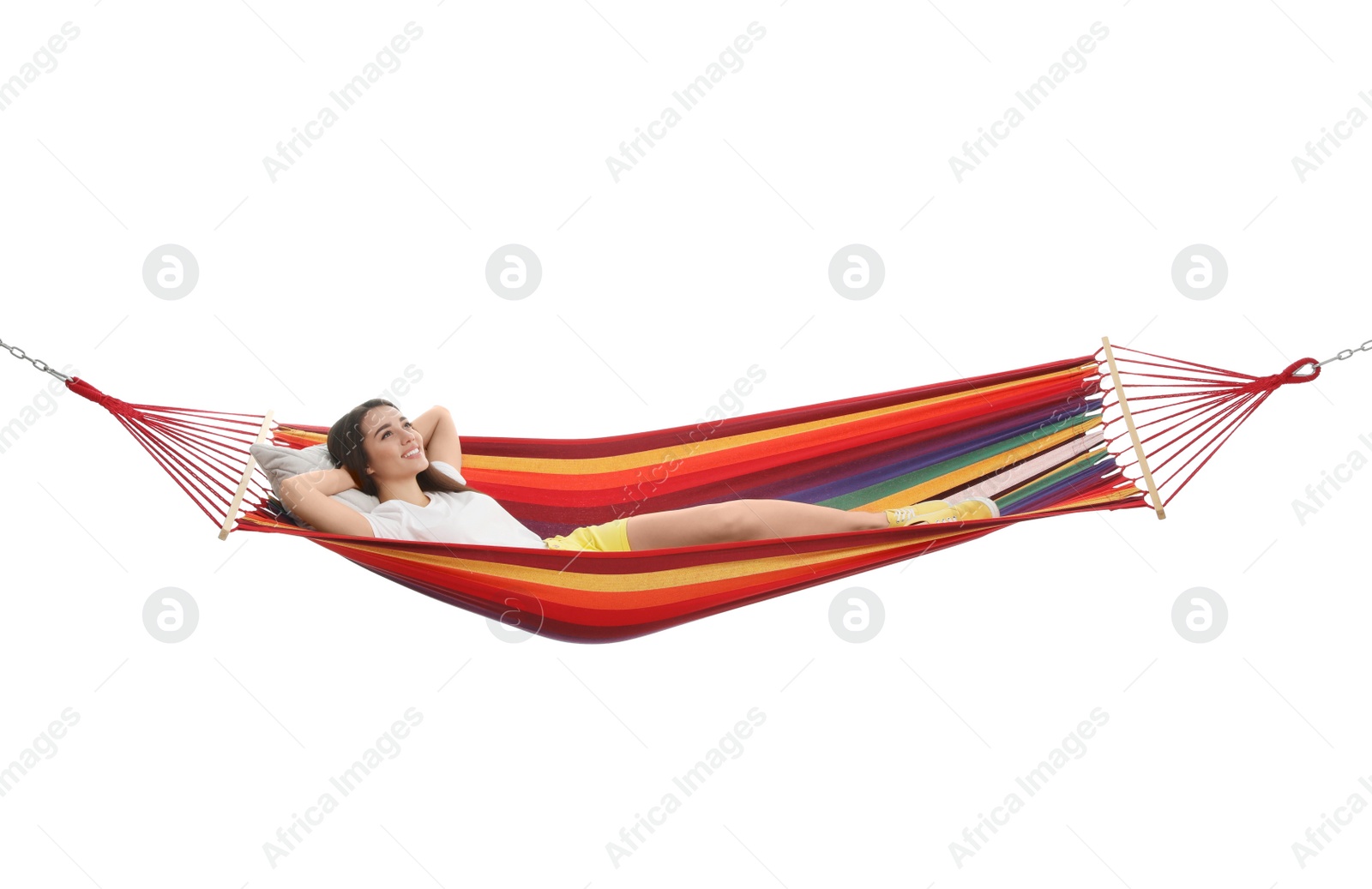 Photo of Woman resting in hammock on white background