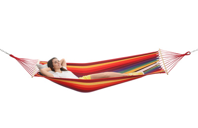 Photo of Woman resting in hammock on white background