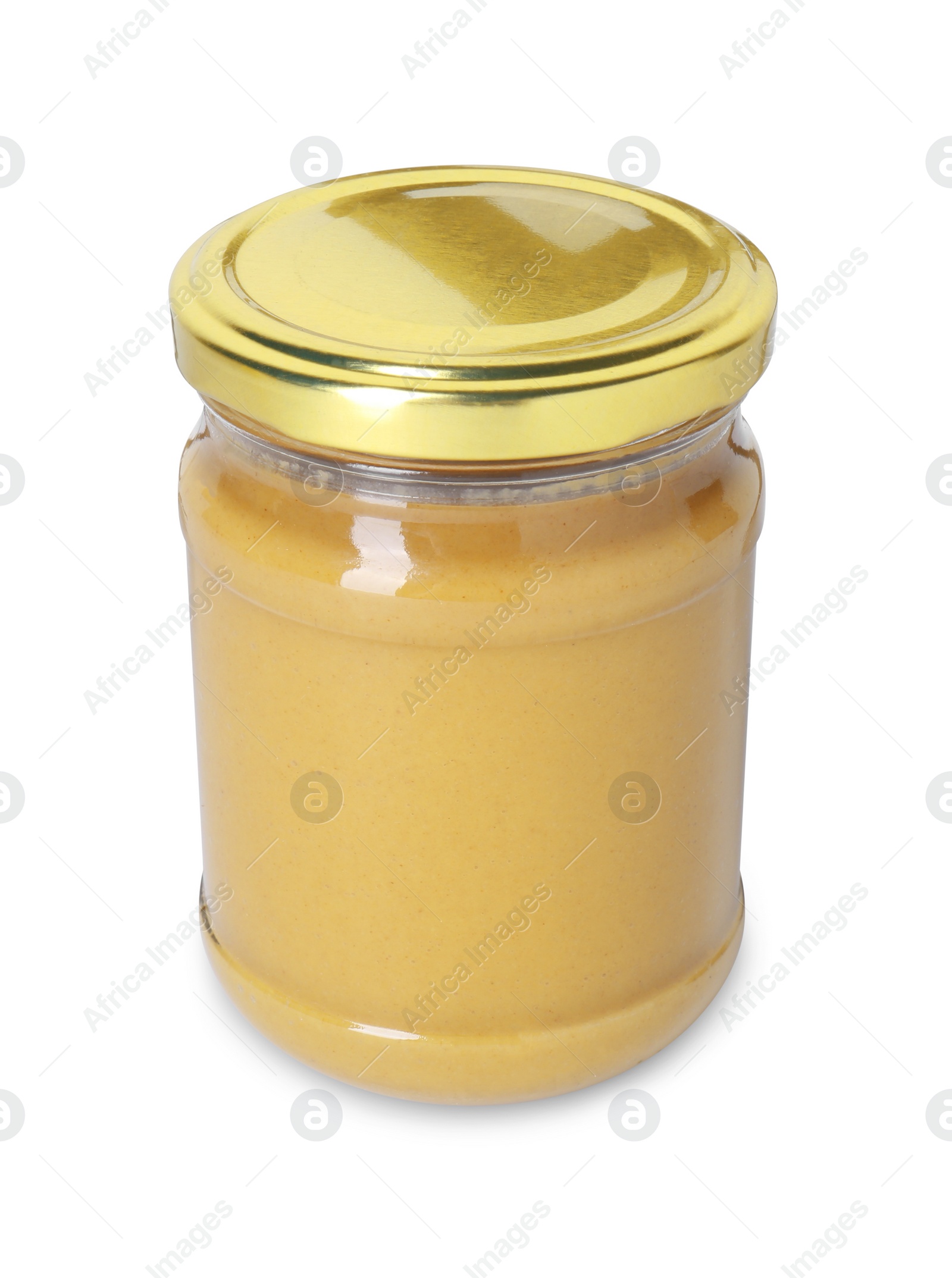 Photo of Fresh tasty mustard sauce in glass jar isolated on white