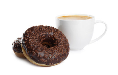 Delicious pastries and coffee on white background