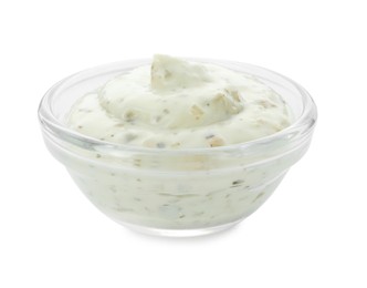 Photo of Tasty tartar sauce in bowl isolated on white