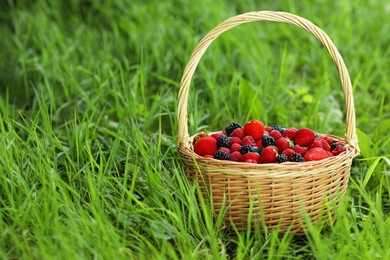 Photo of Wicker basket with different fresh ripe berries in green grass outdoors, space for text