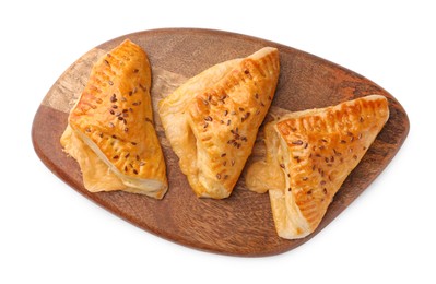 Photo of Fresh delicious puff pastry with cheese on white background, top view