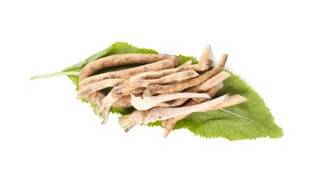 Photo of Cut horseradish roots and leaf isolated on white, top view