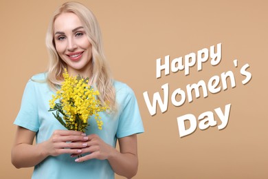 Happy Women's Day - March 8. Attractive lady with mimosa flowers on dark beige background