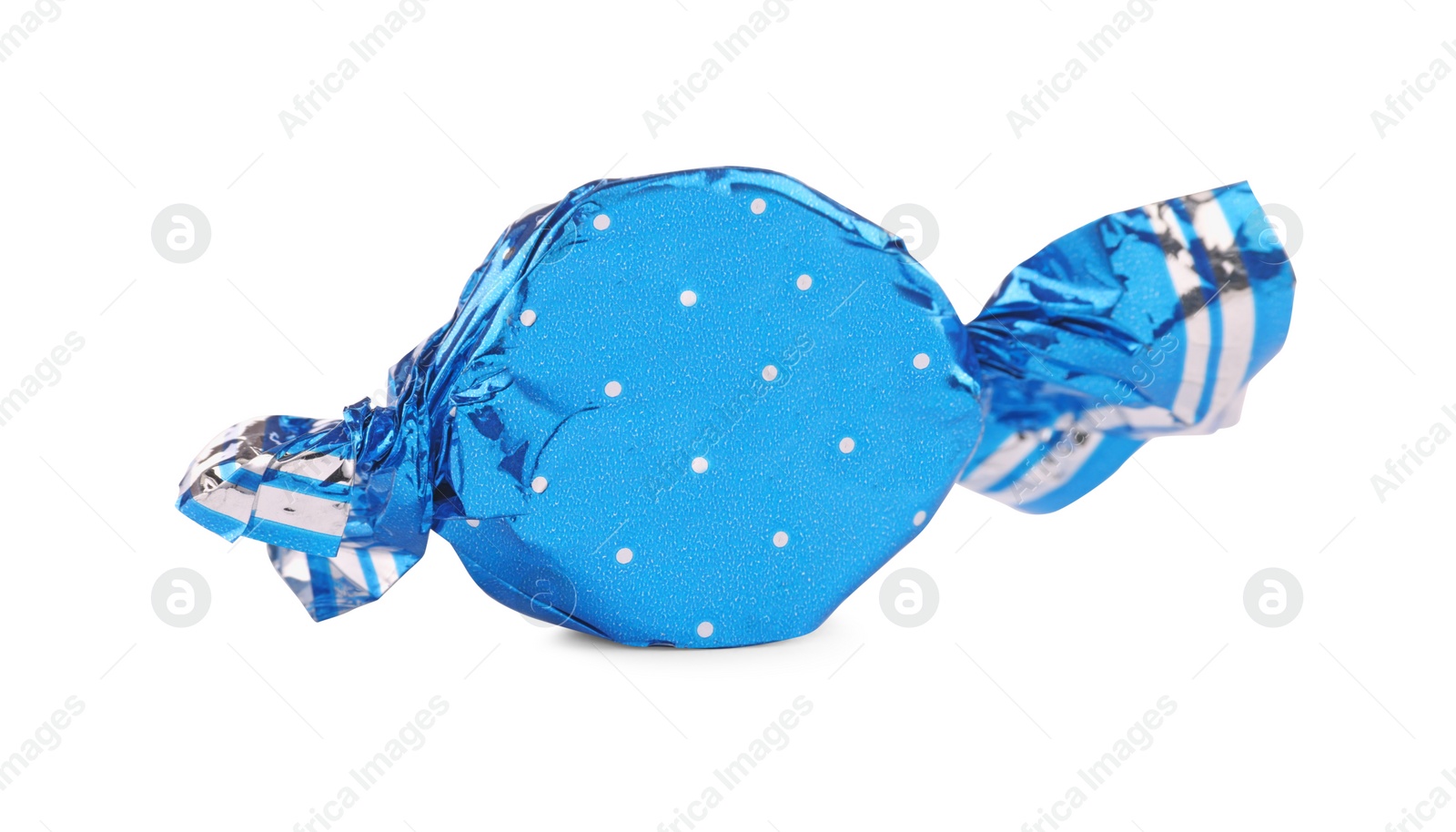 Photo of Candy in light blue wrapper isolated on white