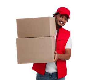 Photo of Happy courier with parcels on white background