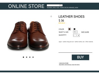 Online store website page with stylish shoes and information. Image can be pasted onto laptop or tablet screen
