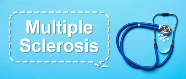 Multiple sclerosis treatment. Stethoscope and pills on light blue background, flat lay