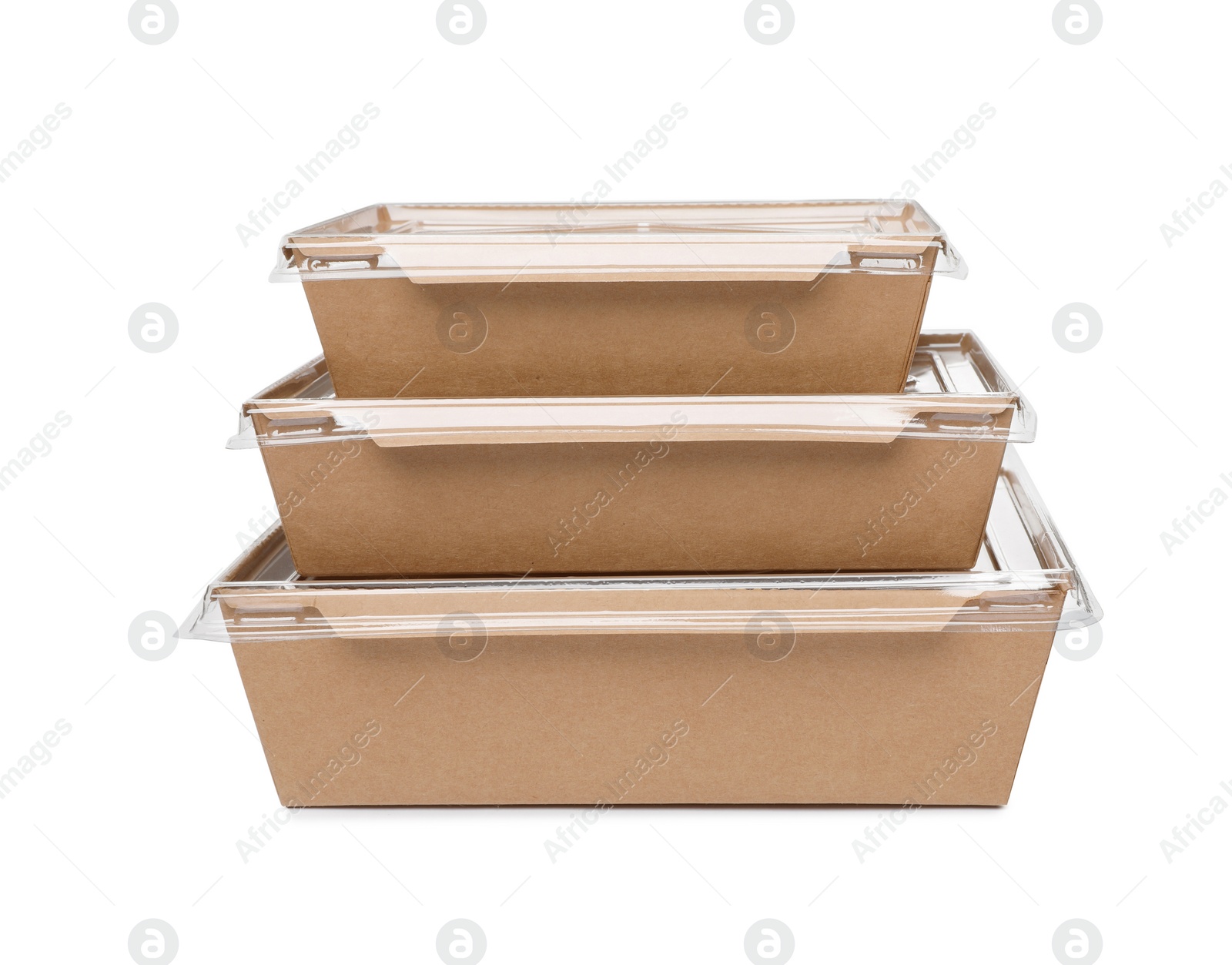 Photo of Stacked paper containers for food on white background