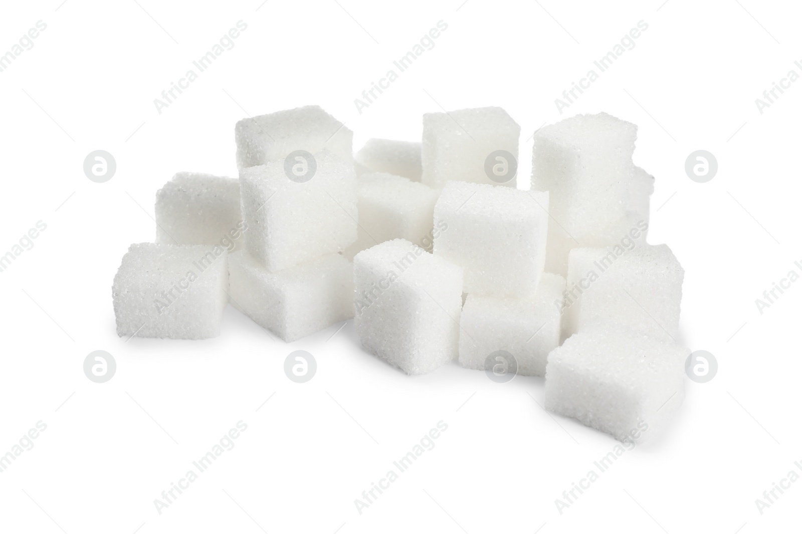 Photo of Pile of refined sugar cubes on white background