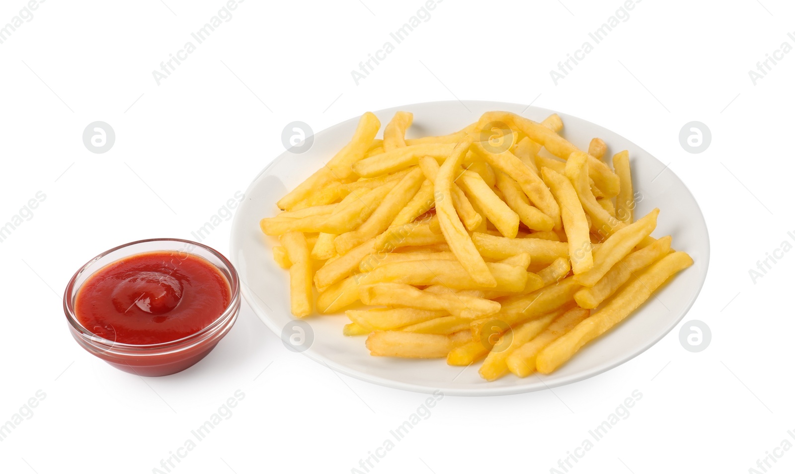 Photo of Tasty french fries with ketchup on white background