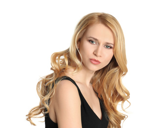 Photo of Portrait of beautiful young woman with dyed long hair on white background