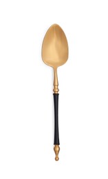 Photo of Clean shiny golden spoon isolated on white, top view