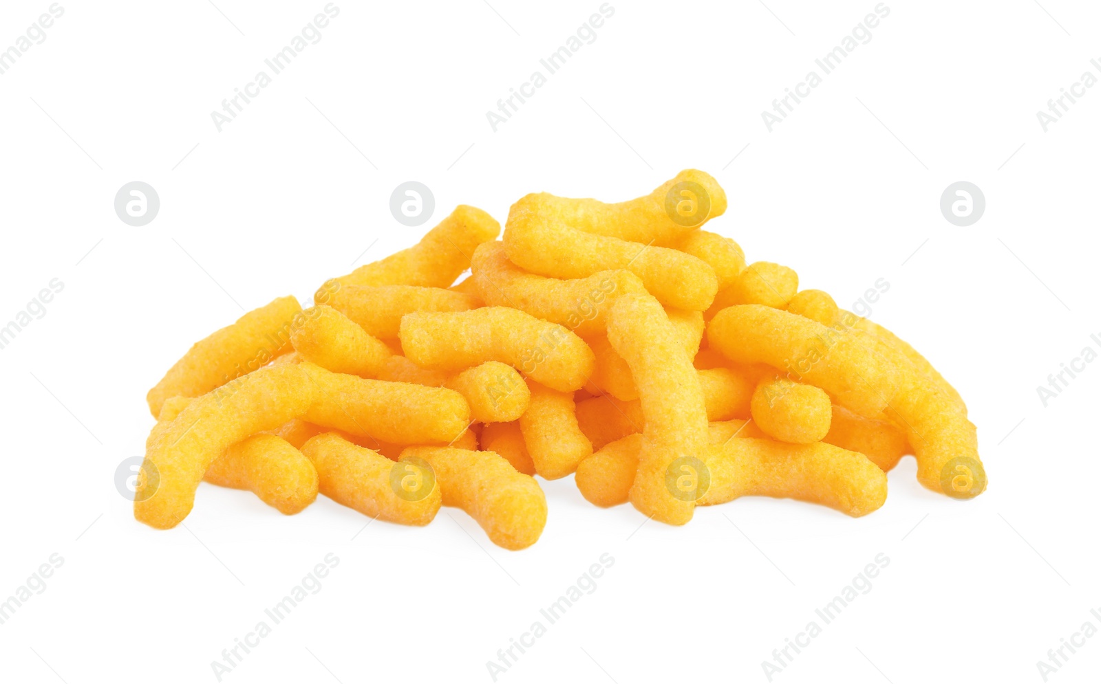 Photo of Many tasty cheesy corn puffs isolated on white