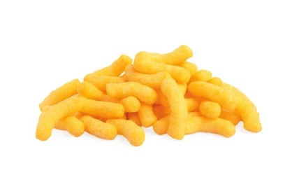 Photo of Many tasty cheesy corn puffs isolated on white