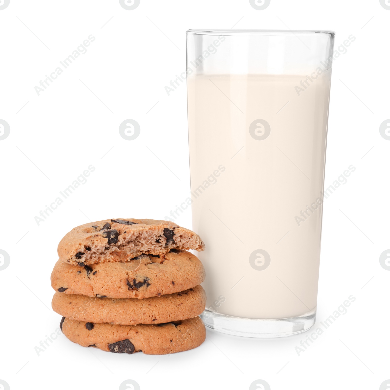 Photo of Delicious chocolate chip cookies and milk isolated on white