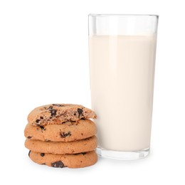 Photo of Delicious chocolate chip cookies and milk isolated on white