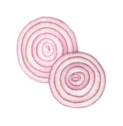 Photo of Fresh slices of red onion isolated on white, top view