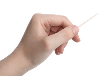Photo of Woman with wooden toothpick on white background, closeup