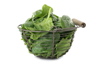 Photo of Basket of spinach leaves isolated on white