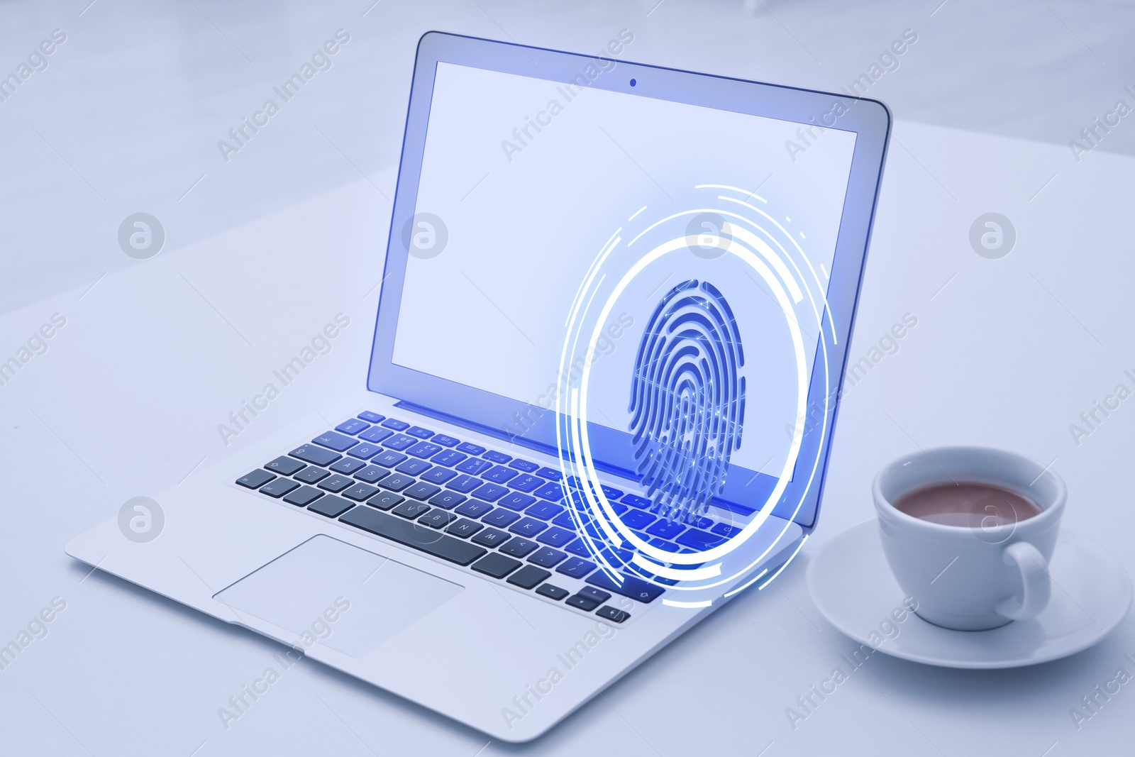 Image of Fingerprint identification. Modern laptop and cup of coffee on table indoors