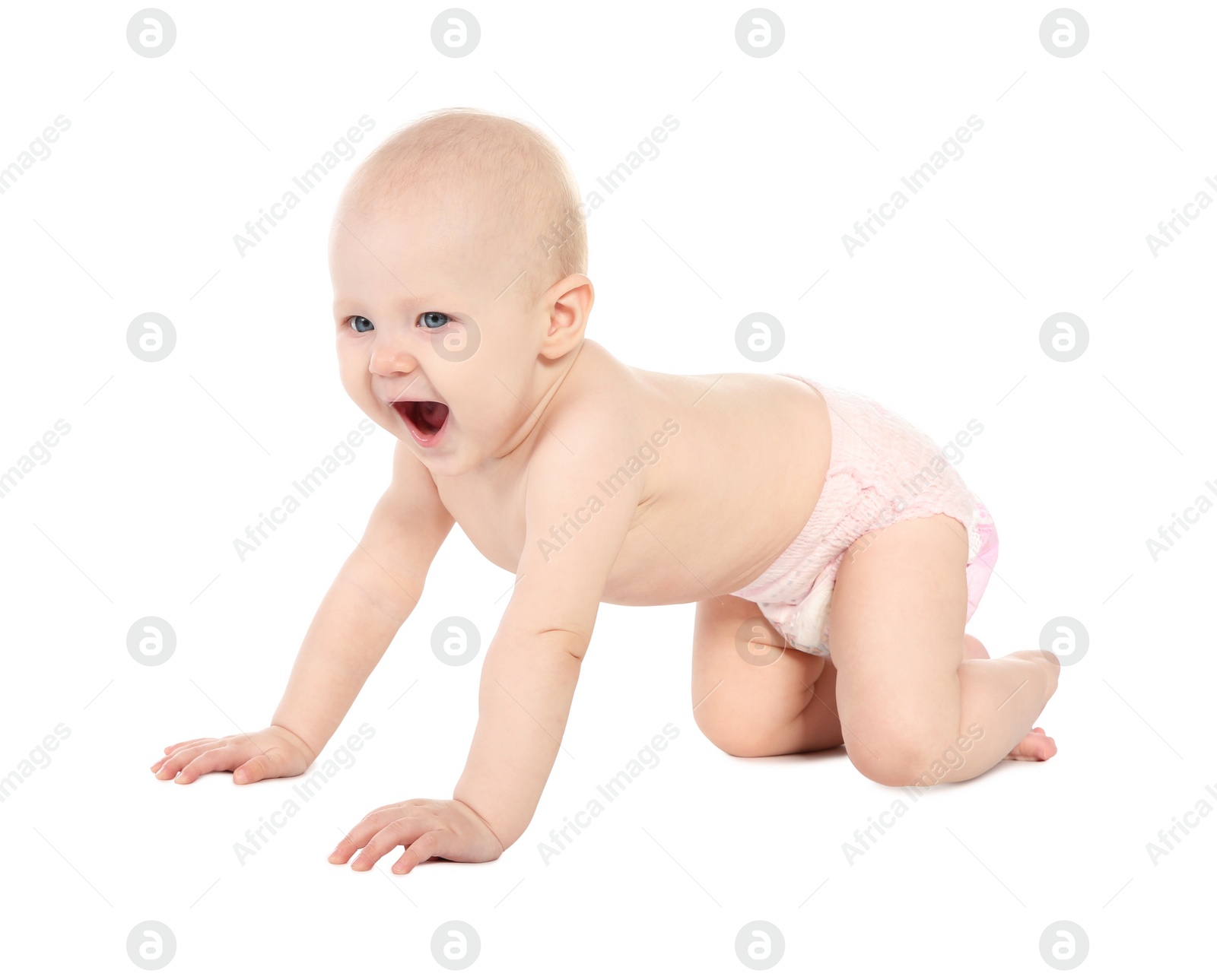 Photo of Cute little baby crawling on white background