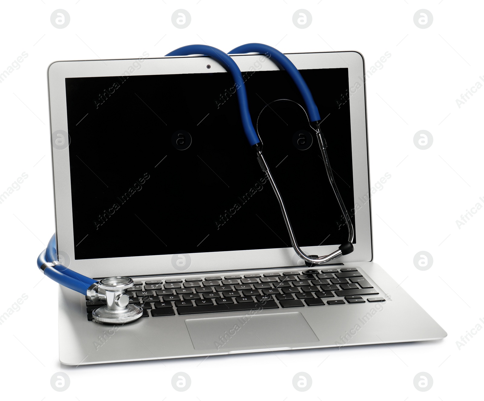 Photo of Modern laptop with stethoscope on white background. Mockup for design